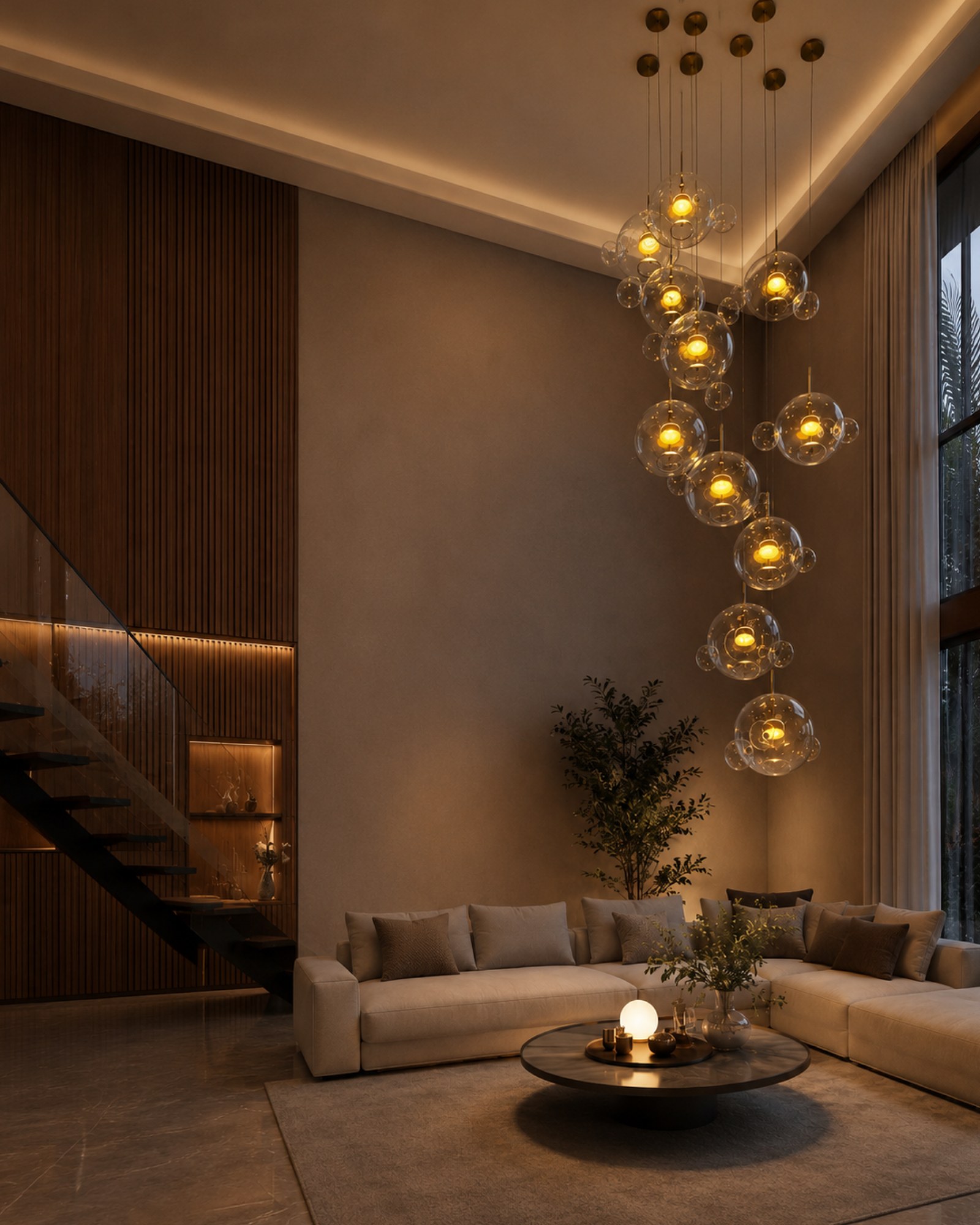 Cozinha integrada com lustre linear iluminado