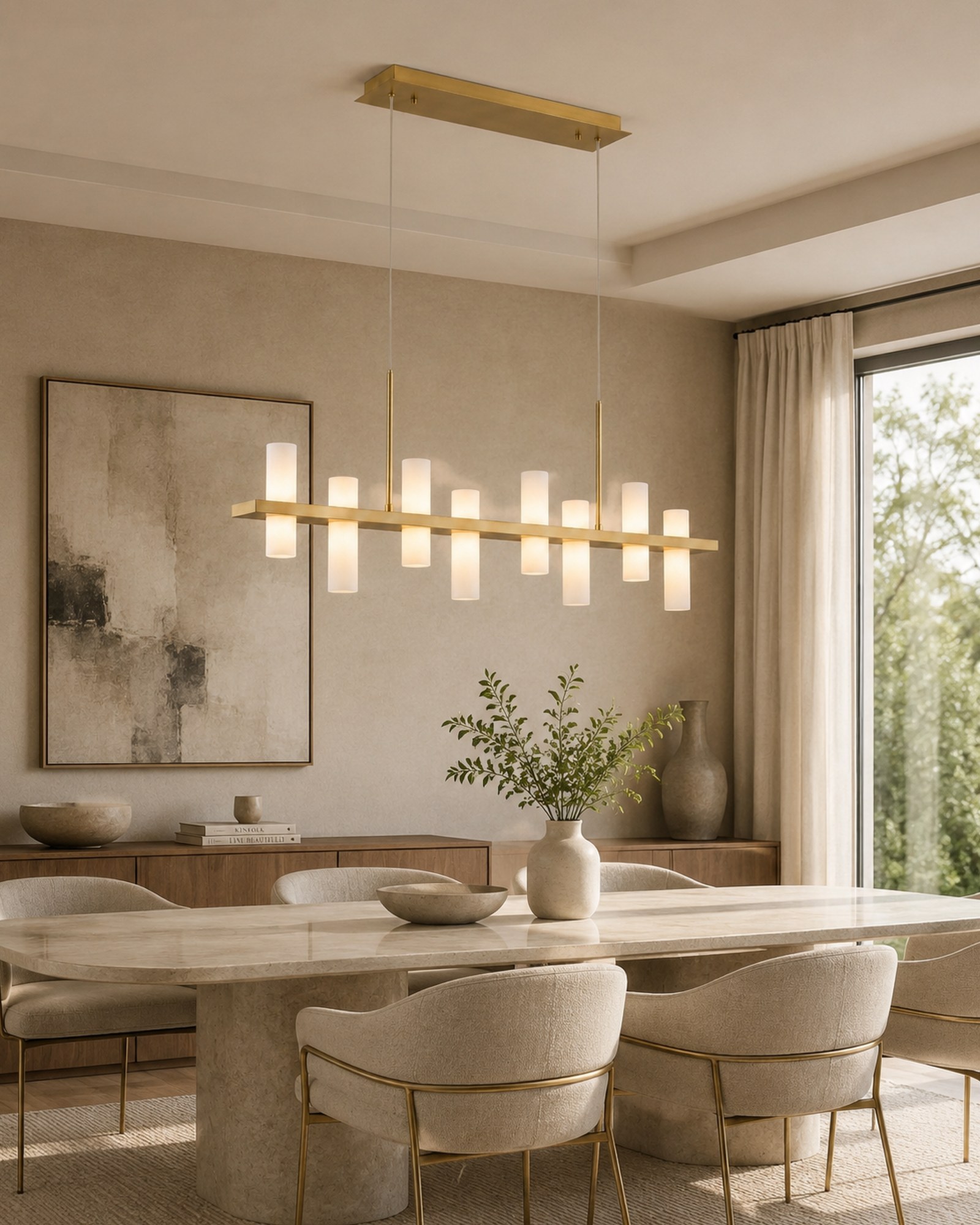 Sala de jantar com lustre linear de latão e cilindros de vidro fosco